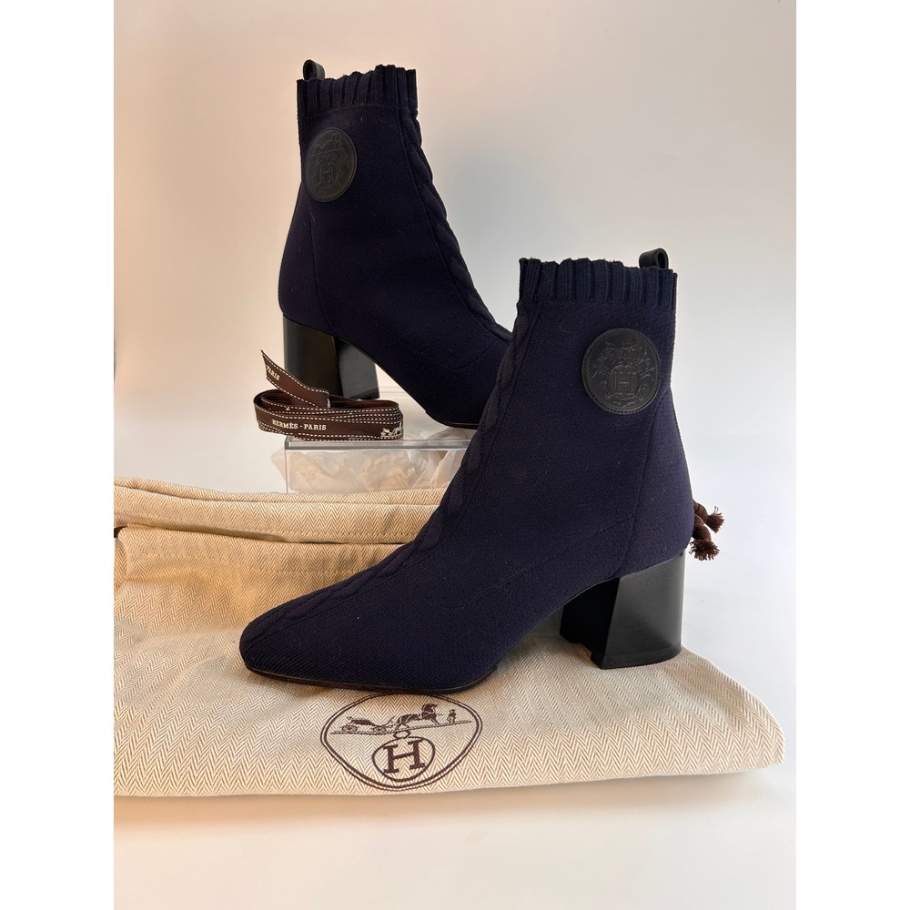 Hermes Navy Blue Knit Sock‎ Boots Block Heel Ankle Booties Women's EU 36